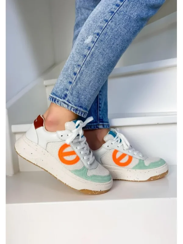 Femme No Name Baskets^Bridget Mid Grain White/Fluo Orange-