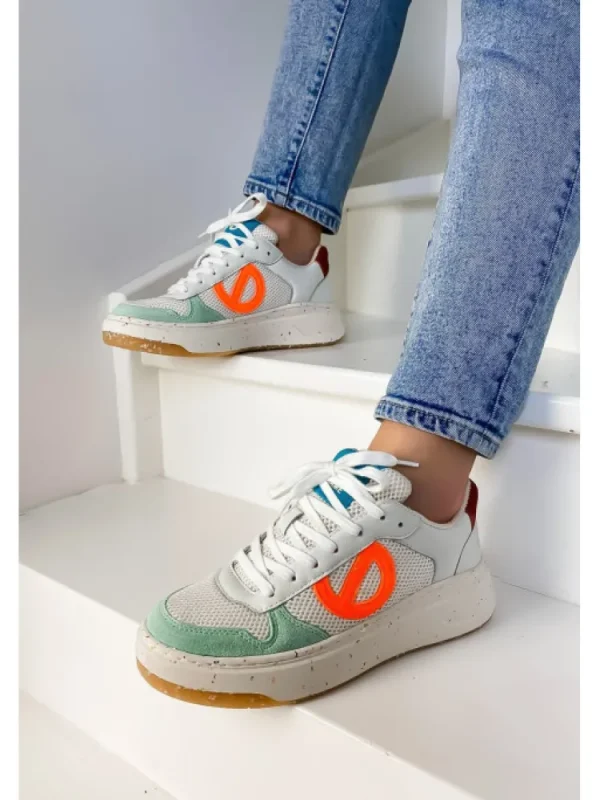 Femme No Name Baskets^Bridget Mid Grain White/Fluo Orange-