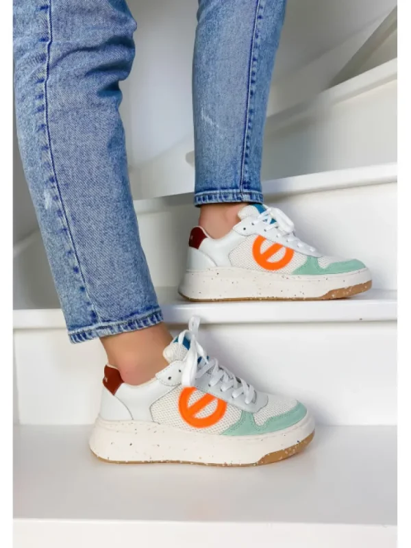 Femme No Name Baskets^Bridget Mid Grain White/Fluo Orange-